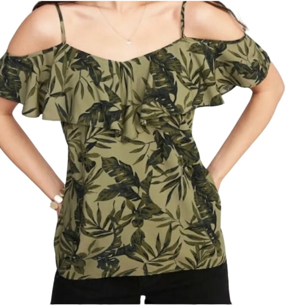 Old Navy Top‎ Womens M Leaf Print Relaxed Cold Shoulder Swing Blouse Green